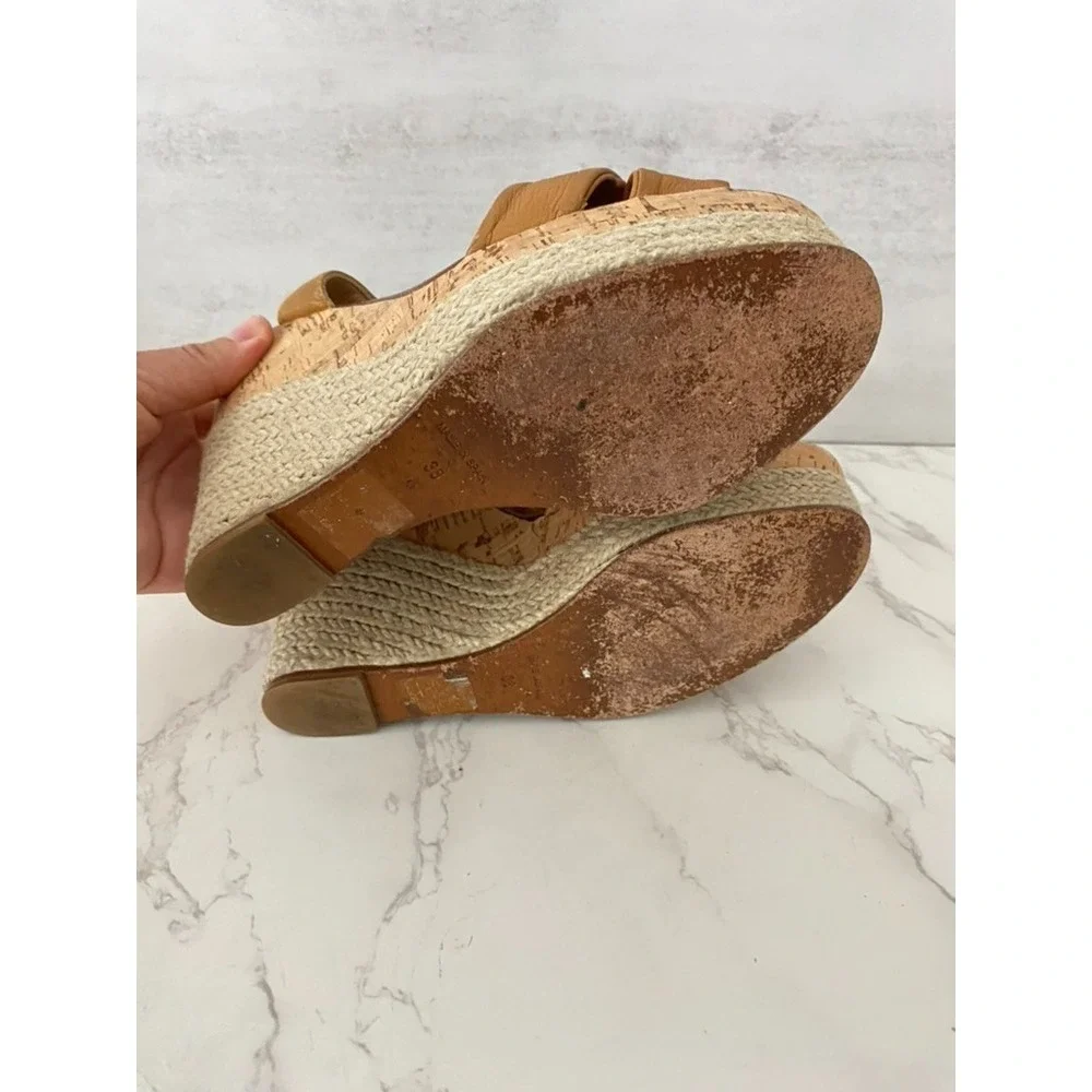 Paloma Barceló Sandals Espadrilles Sz 38/7.5 Tan Leather Wedge Platform Dressy